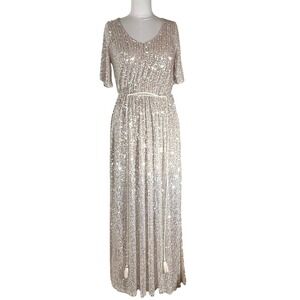 Sage Womens Sequin Maxi Dress Champagne Gold V-Neck removable Belt NWOT Small